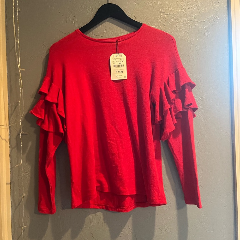 Zara Red Ruffled Blouse with Layered Sleeves